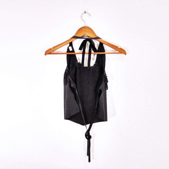 Black Tie Back Leather Strap Halter Tank - Picture 2 of 2